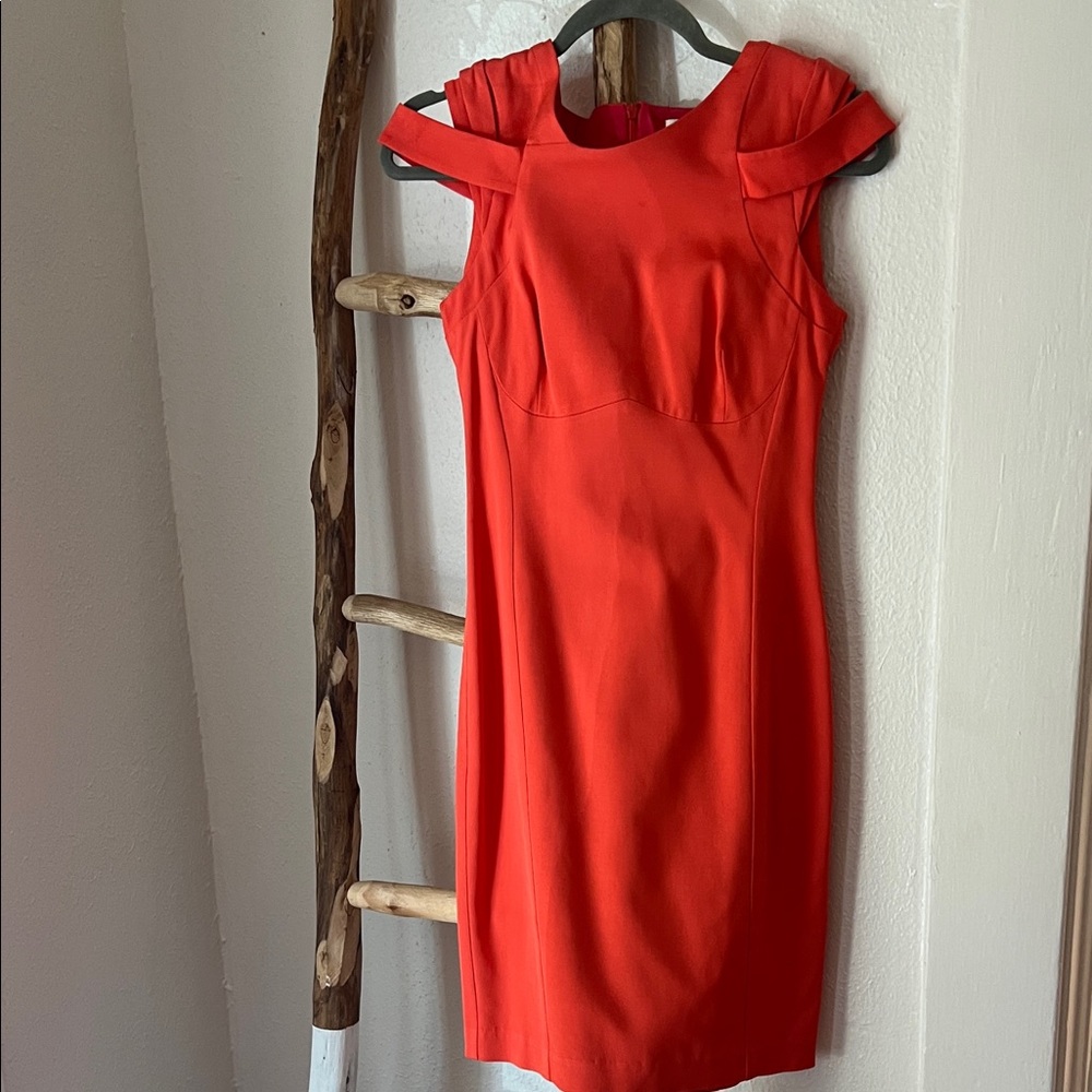 Reiss Orange-Red Coral Fitted Bodycon Cap-Sleeve Midi Sheath Dress 2 Stretch